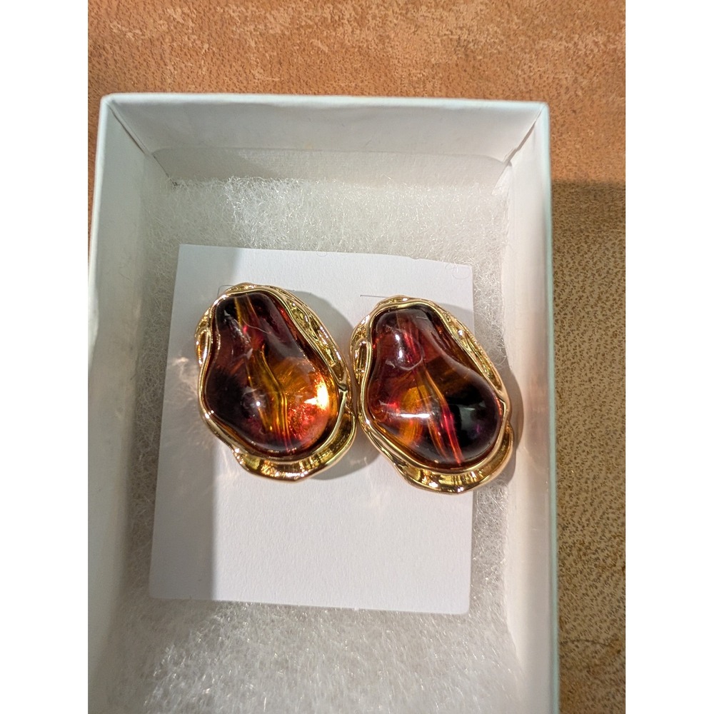 Gold Tone Faux Amber Resin Irregular Organic Stud Earrings 1 Inch Statement